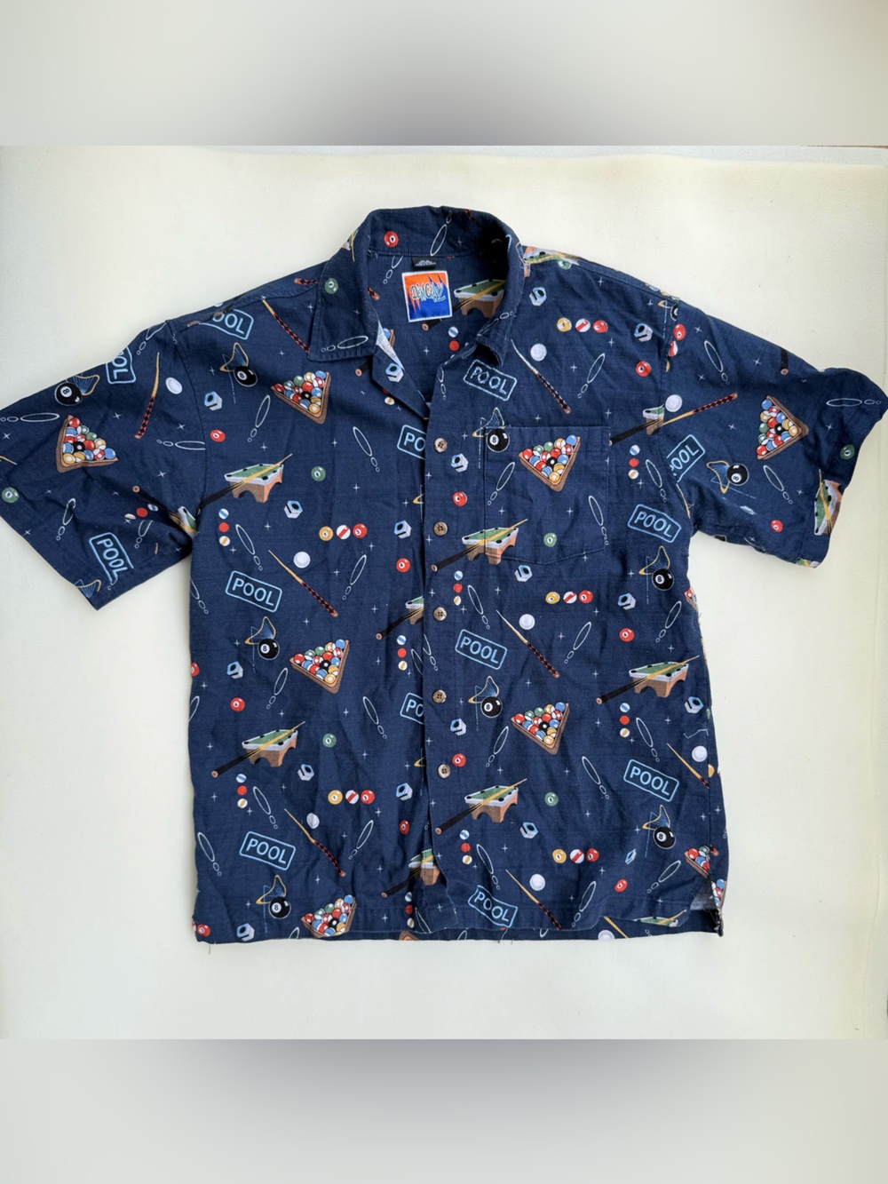 Vintage Dem Crazy Hawaiian Blue Pool Table Short Sleeve Button Up Shirt Men’s XL